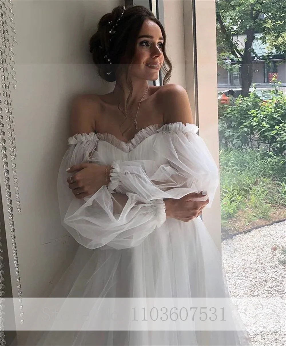 Classic Off the Shoulder Puffy Tulle Wedding Dress for Women Illusion A-line Court Lace up Long Puff Sleeve Wedding Bridal Gown