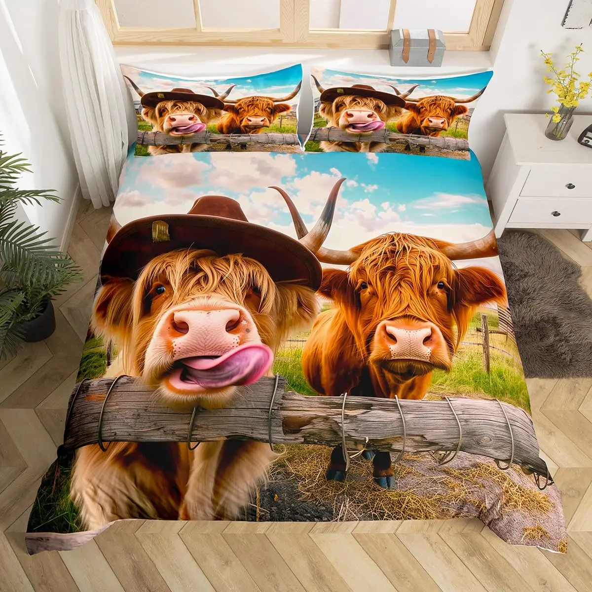 Highland Cattle Duvet Cover Set King Queen Farm Animals Theme Bedding Set Bull Cow Comforter Cover Soft Polyester Quilt Cover