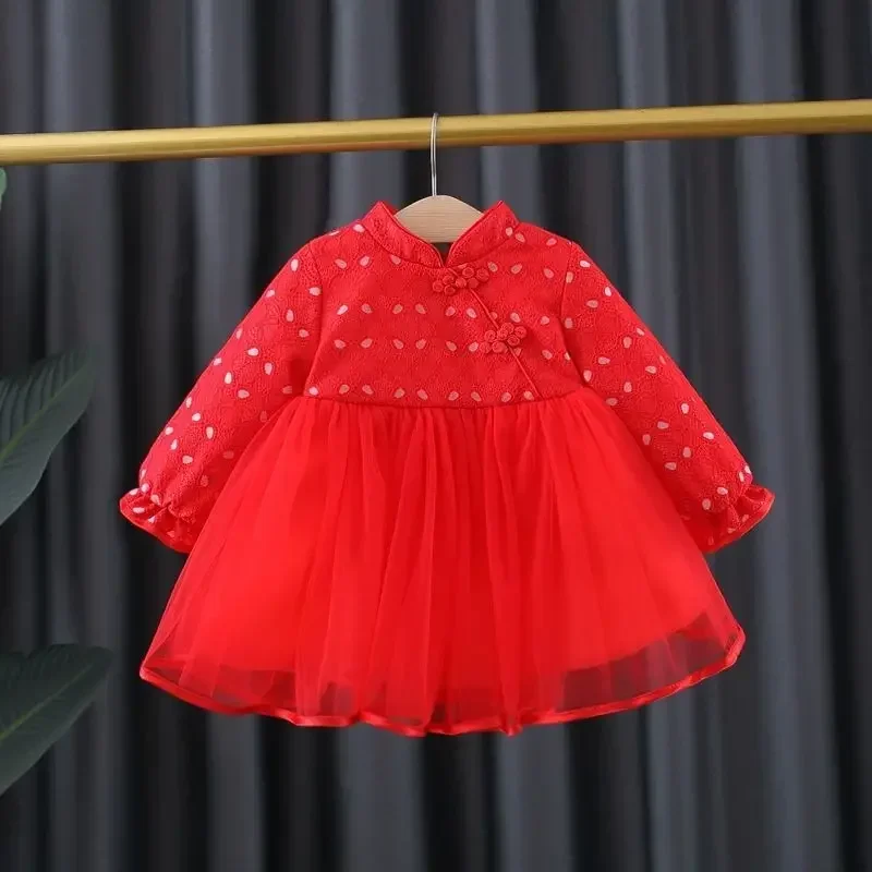 Fato infantil de veludo, vestido princesa hanfu, cheongsam grosso, vermelho, ano novo tradicional chinês, roupa de bebê, inverno