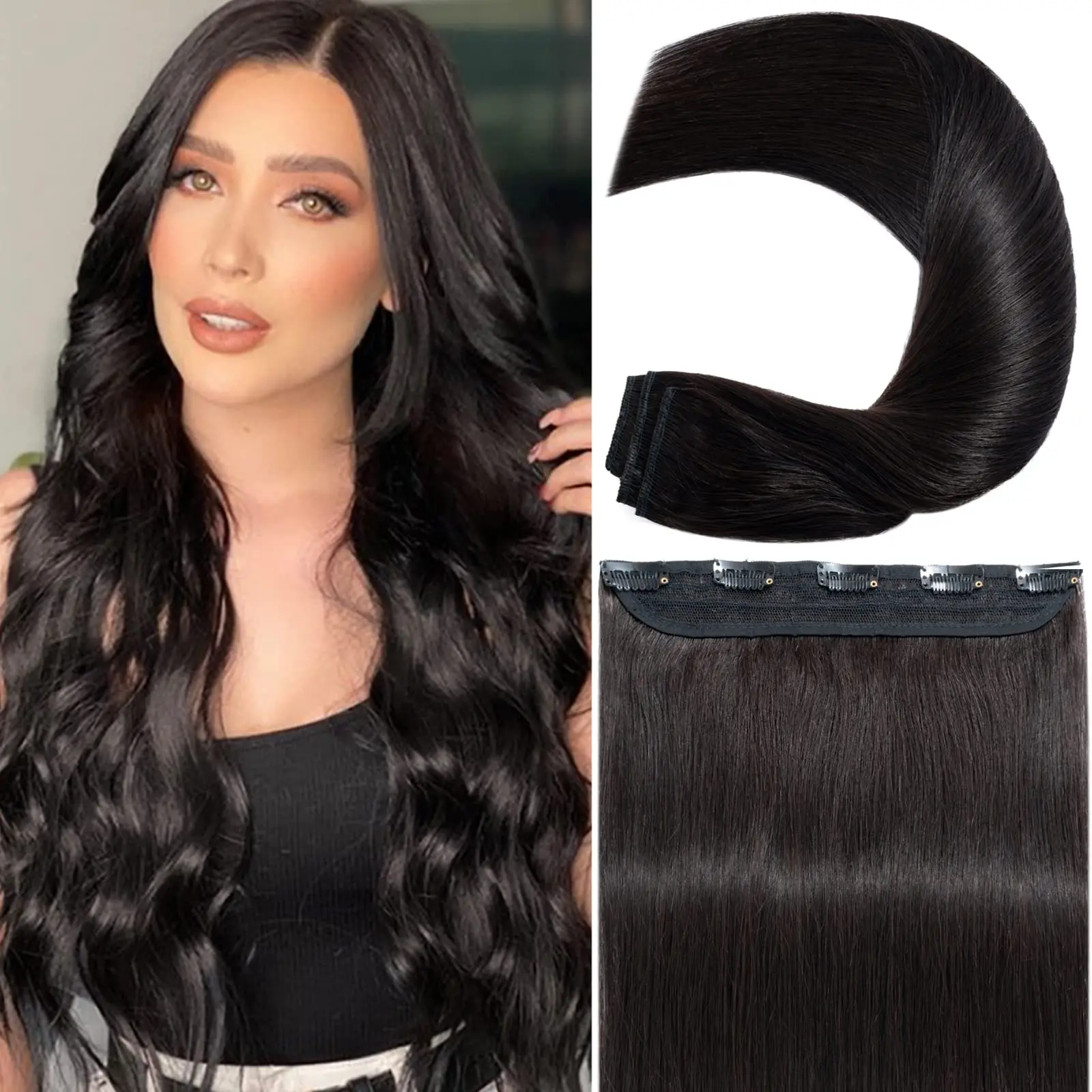 

Straight Clip in Hair Extensions Human Hair One Piece/5 Clips in Extensions 120G 100% Remy Human Hair #1B Natural Black