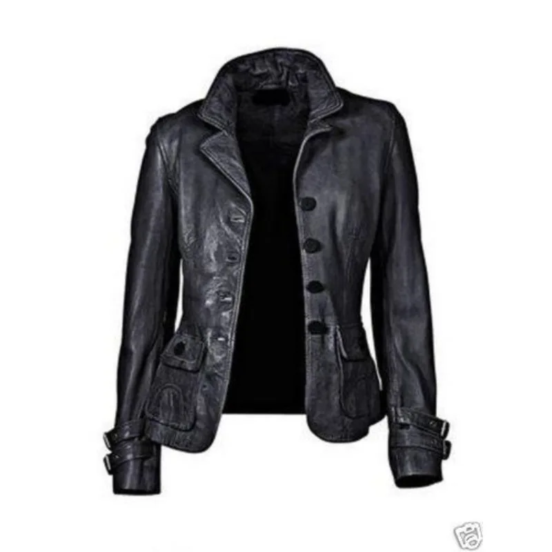 Classic Women Genuine Lambskin Real Leather Blazer Slim Fit Designer Black Coat