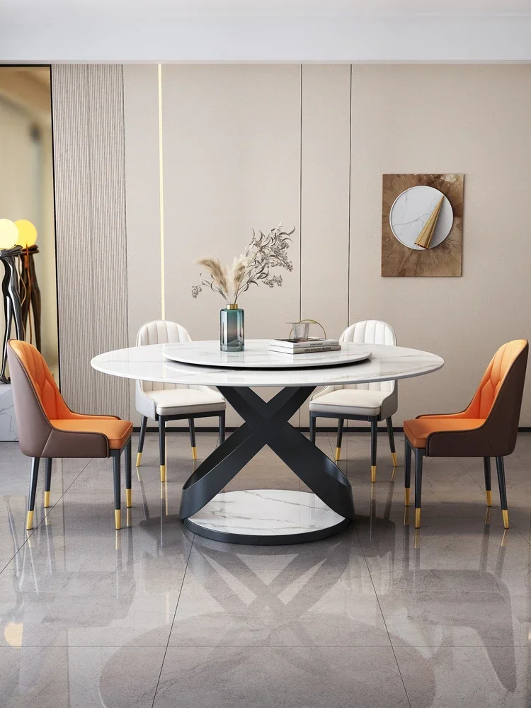 Marble circular dining table and chair combination, household round table with turntable, Italian rock plate dining table,