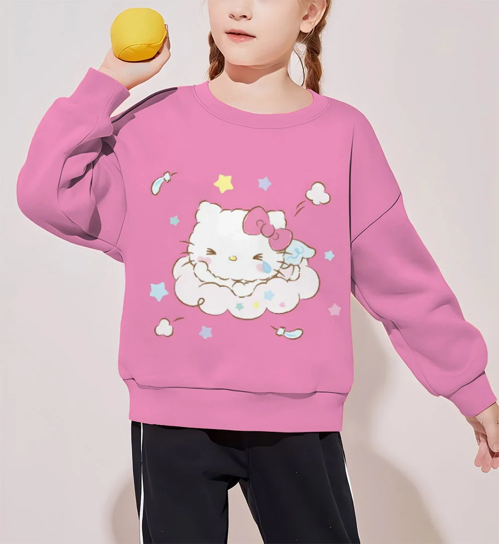 Hello Kitty น่ารักการ์ตูนพิมพ์เสื้อผ้าเด็กสาวหวานเสื้อฤดูใบไม้ร่วงและฤดูหนาวแขนยาวเสื้อกันหนาวคอกลม