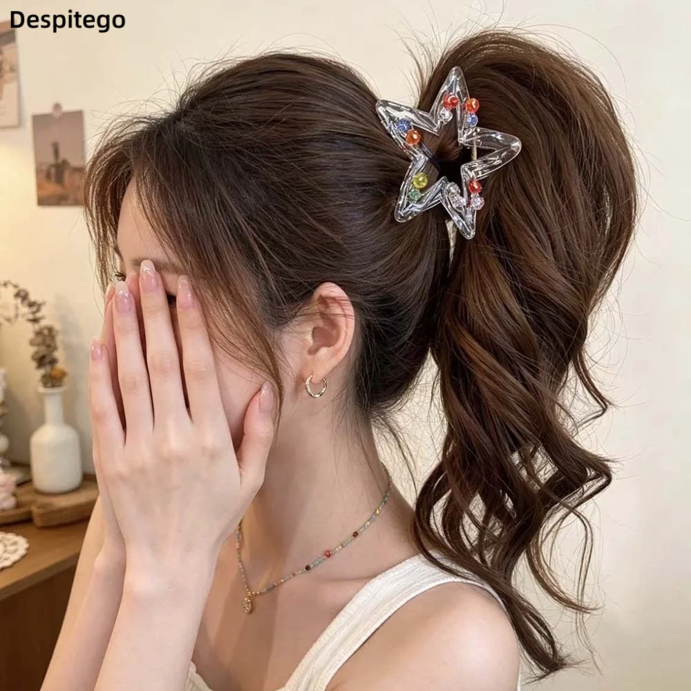 Clear Acrylic Star Hair Claw Dopamine Style Bright Rhinestone Y2K Shark Clip Sweet Pastel Hollow Design Shark Hair Clip