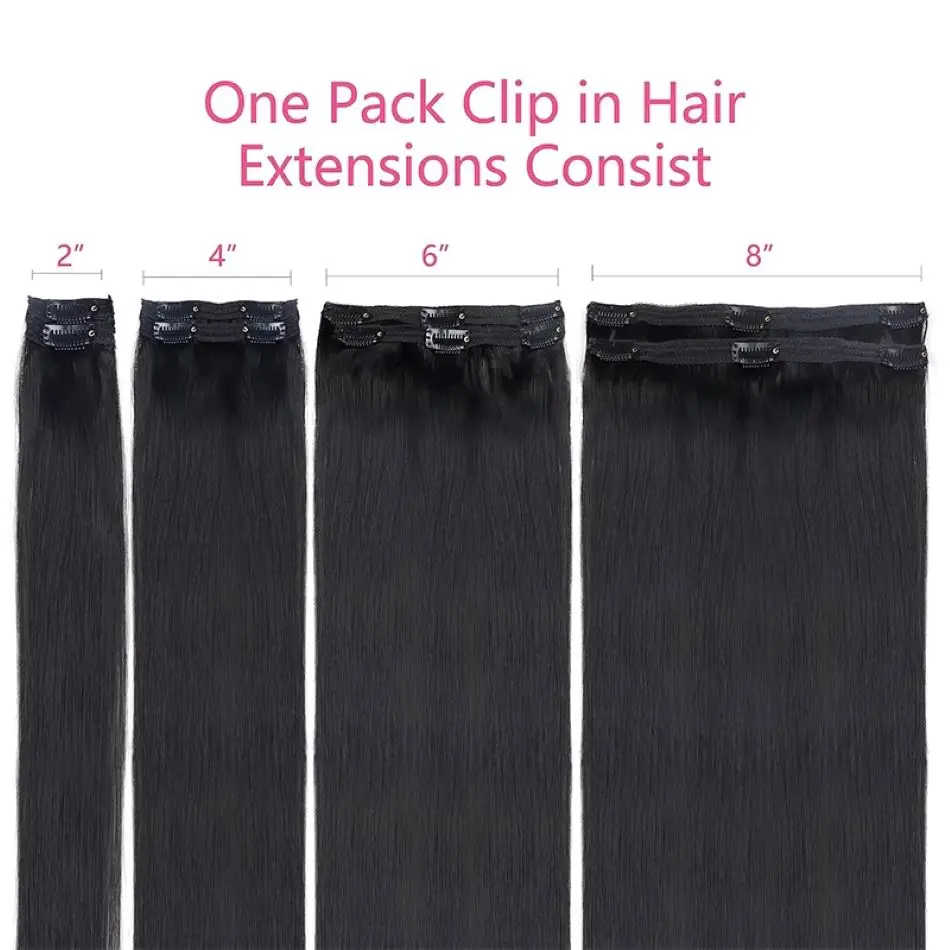 Grampo reto em extensões do cabelo para mulheres negras, cabelo brasileiro do Virgin, cabelo preto natural, cabeça cheia, 8 PCes