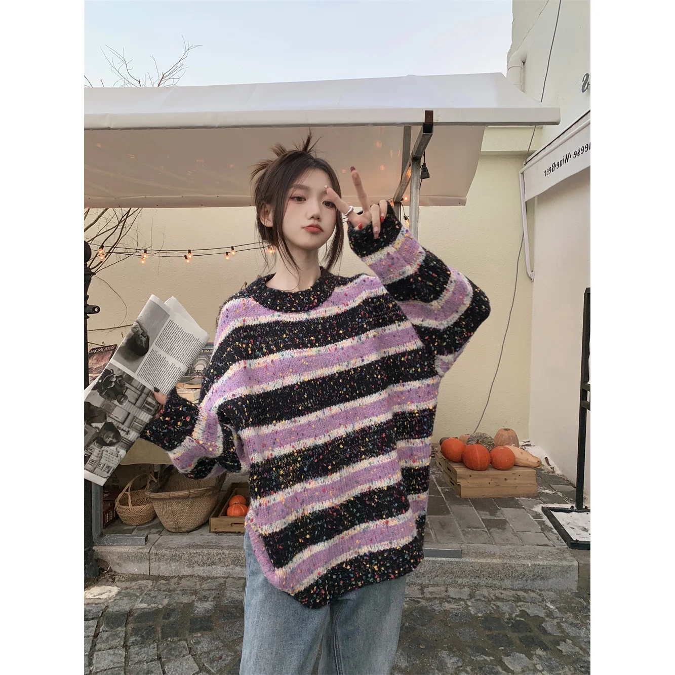 Sweet O-Neck Casual Color Striped Sweaters Female Clothing 2023 Autumn Winter Oversized All-match Pullovers Korean Tops