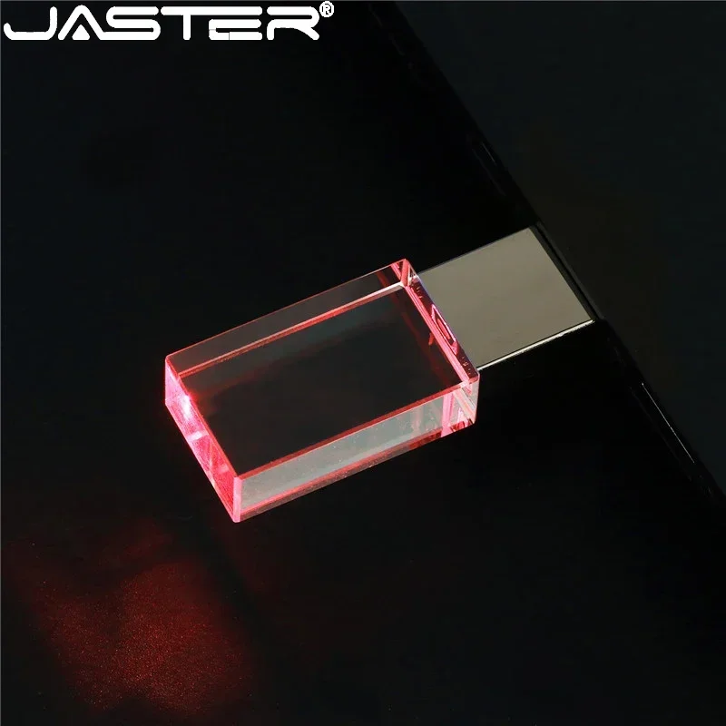 JASTER-Rectangular Crystal USB Flash Drive, LED, Cores criativas, Logotipo livre, Azul, Verde, Vermelho, 16GB, 32GB, 64GB, USB 2.0, Mais de 10 unidades