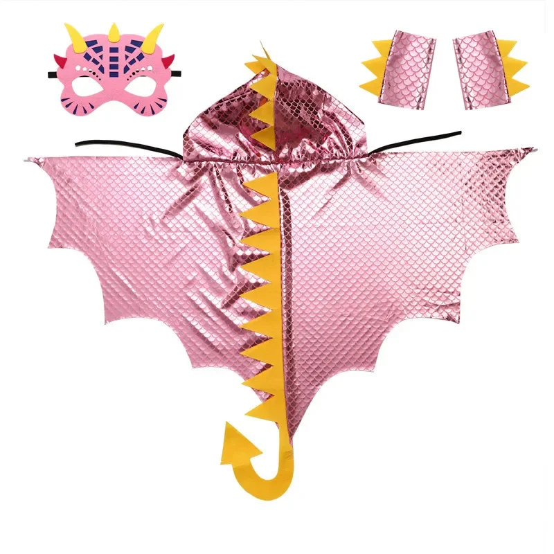 Mantello con cappuccio per dinosauro rosso per bambini con maschera a coda Accessori da polso per feste in costume cosplay di Halloween Regalo per bambini di 3-12 anni