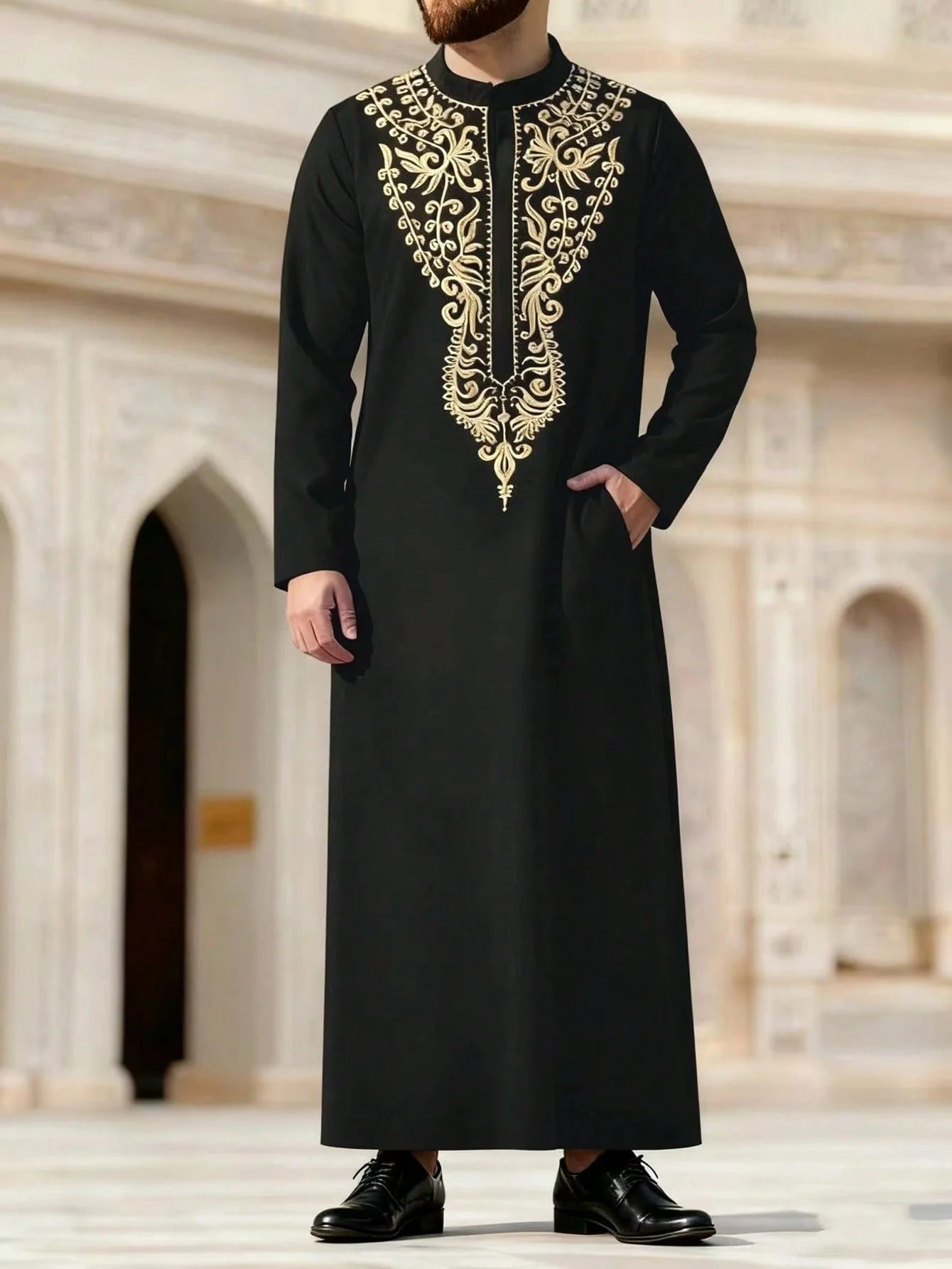 رداء عربي مطرز بأكمام طويلة على الطراز العرقي الإسلامي الجديد لعام 2025 بأكمام طويلة وياقة واقفة ثوب إسلامي للرجال في الشرق الأوسط