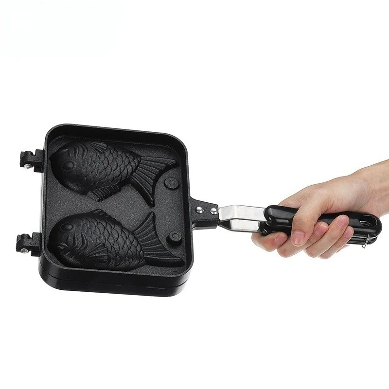 Sartén de cocina japonesa Taiyaki con forma de pez, postre caliente, máquina para hacer gofres y pasteles, sartén doble para panqueques, sartén para freír, moldes para gofres