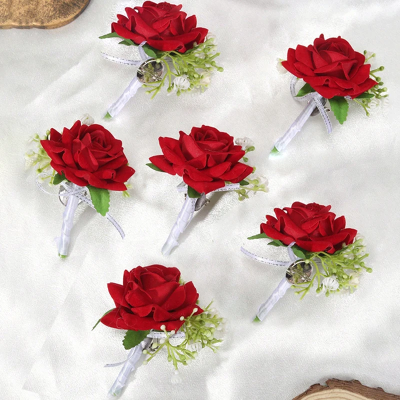 6PCS/set Rose Corsage Flower Boutonniere for Men Groom Prom Cocktail Party Artificial Flower Wedding Graduation Event Flower