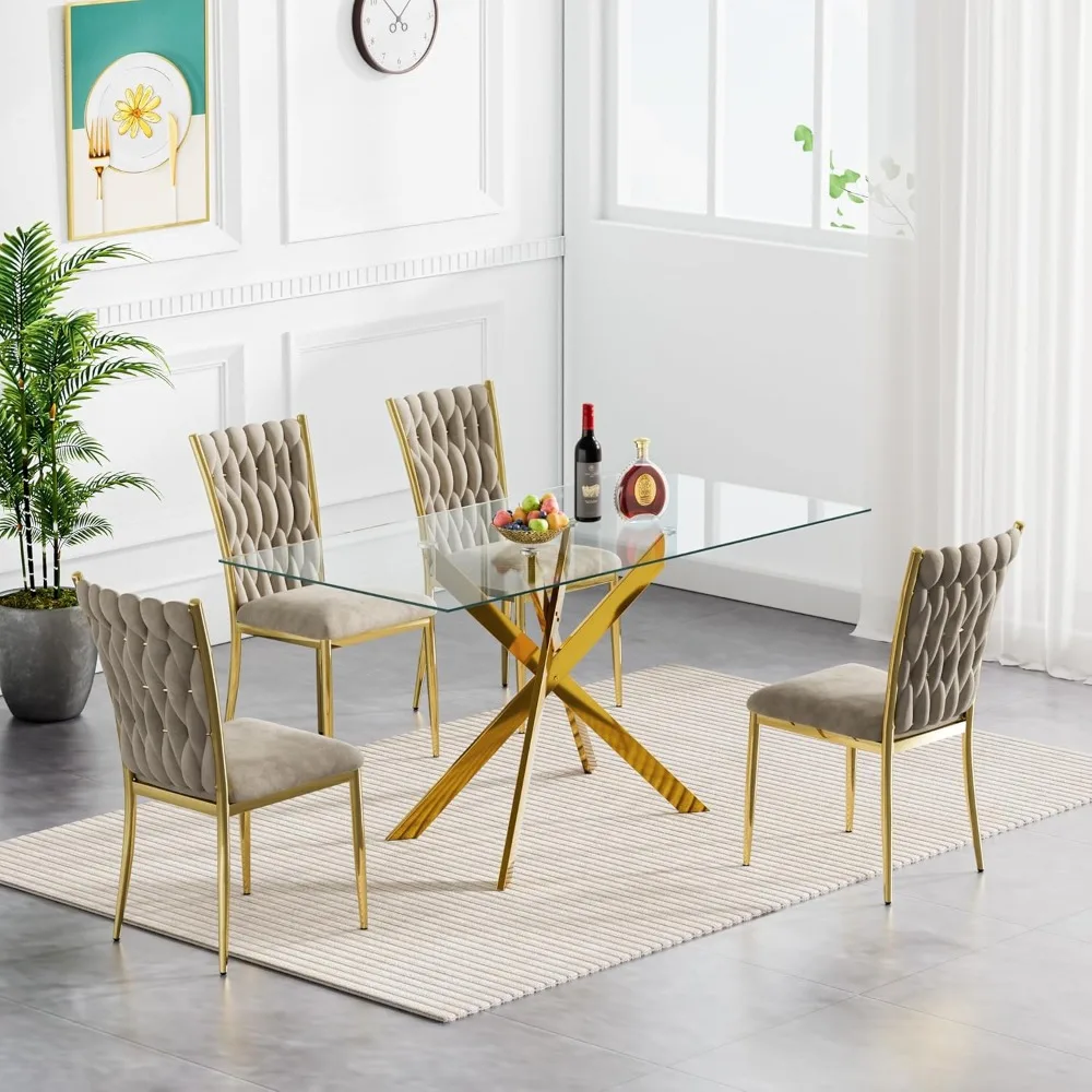 

Rectangular Glass Dining Table Set for 4, Glass Kitchen Table Set with 4 Chairs, Glass Dinner Table Set for Dining Room Kitchen,