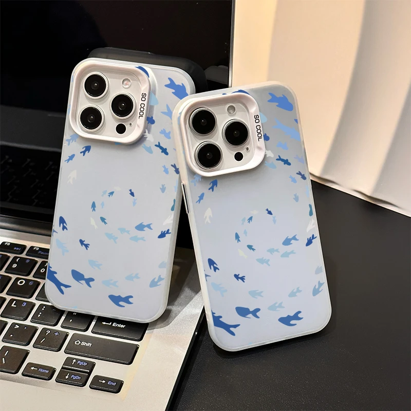 Rotating Fish Schools Pattern Phone Case For iPhone 16 15 14 13 12 11 Pro Max 16E XS X XR 7 8 16 Plus IMD Laser Hard PC Cover