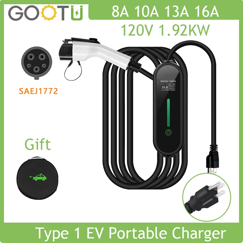 

EV Charger Portable EVSE Charging Cable Level 1 16A 120V 1.92KW Type1 SAE J1772 US Plug For Electric Car Controller Wallbox