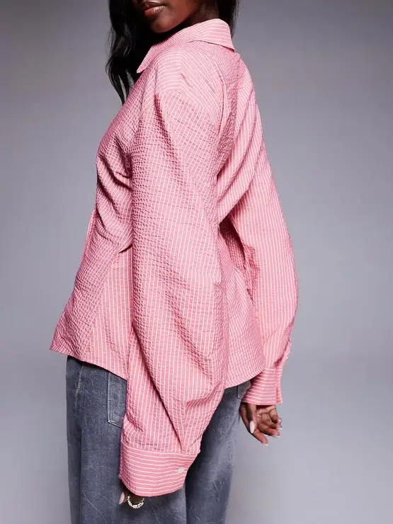 GuliriFei Damen-Hemden mit Knöpfen, modisch, langärmelig, Reverskragen, kariert, einfarbig, lässige Oberteile