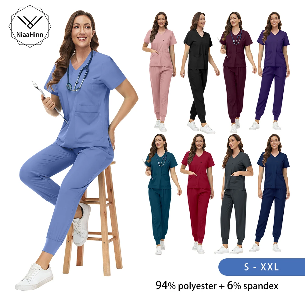 Niaahinn Medical Nursing Scrubs Set Uniform Women Wholesale Scrub Top Pants Sets Hospital Clothing Surgical Uniforms with Pocket