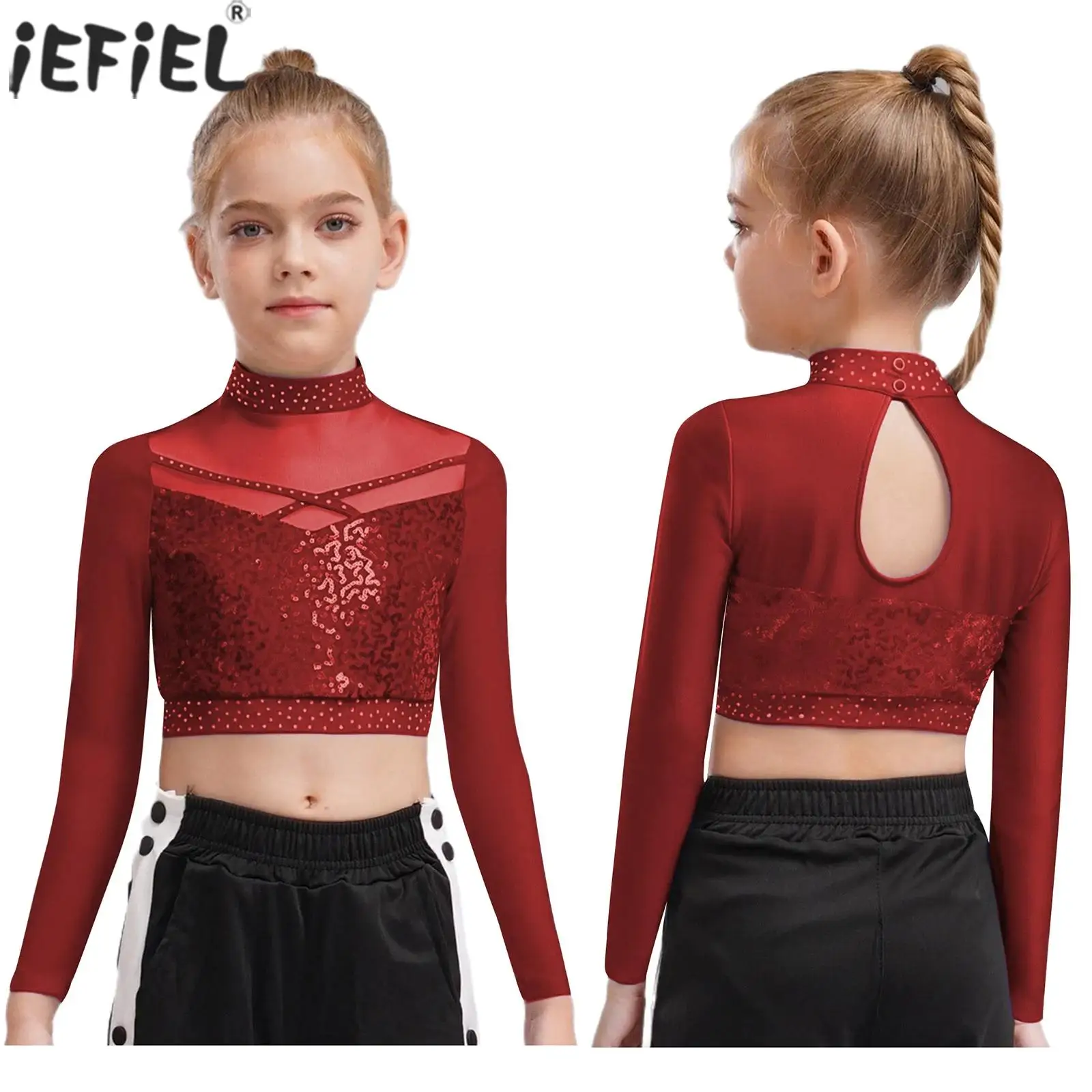 Kids Girls Shiny Sequin Jazz Hip Hop Street Dance Crop Top Long Sleeve Sheer Mesh Tops for Ballet Gymnastics Skating Performance
