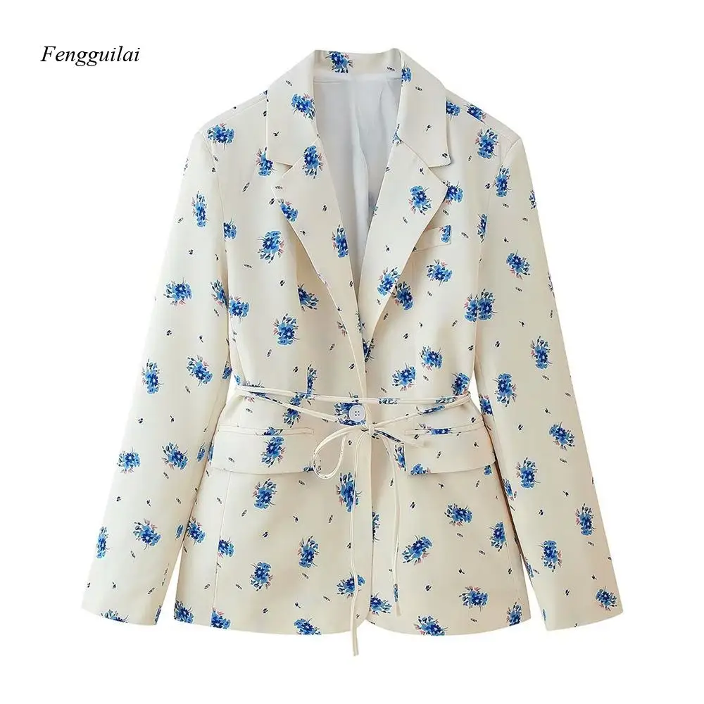 

Women's White Floral Print Blazer, Belted Waist Lapel Jacket, Elegant Long Sleeve Casual Suit Coat with Pockets