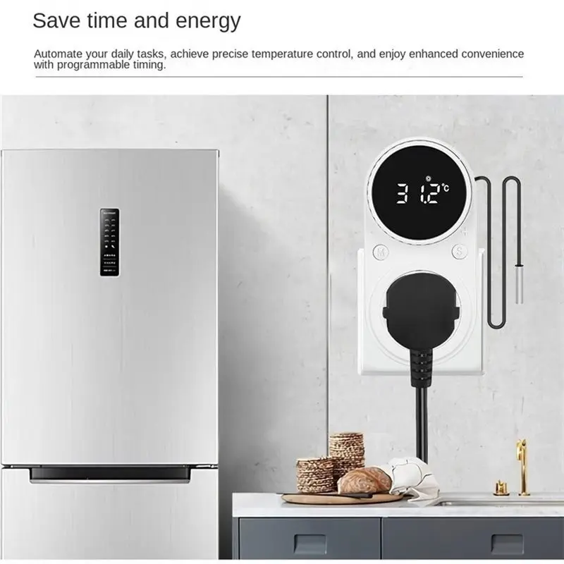 ABHU Temperature Controller Knob Timer Socket Thermostat With Digital Display EU Plug Built-In Sensor Switch