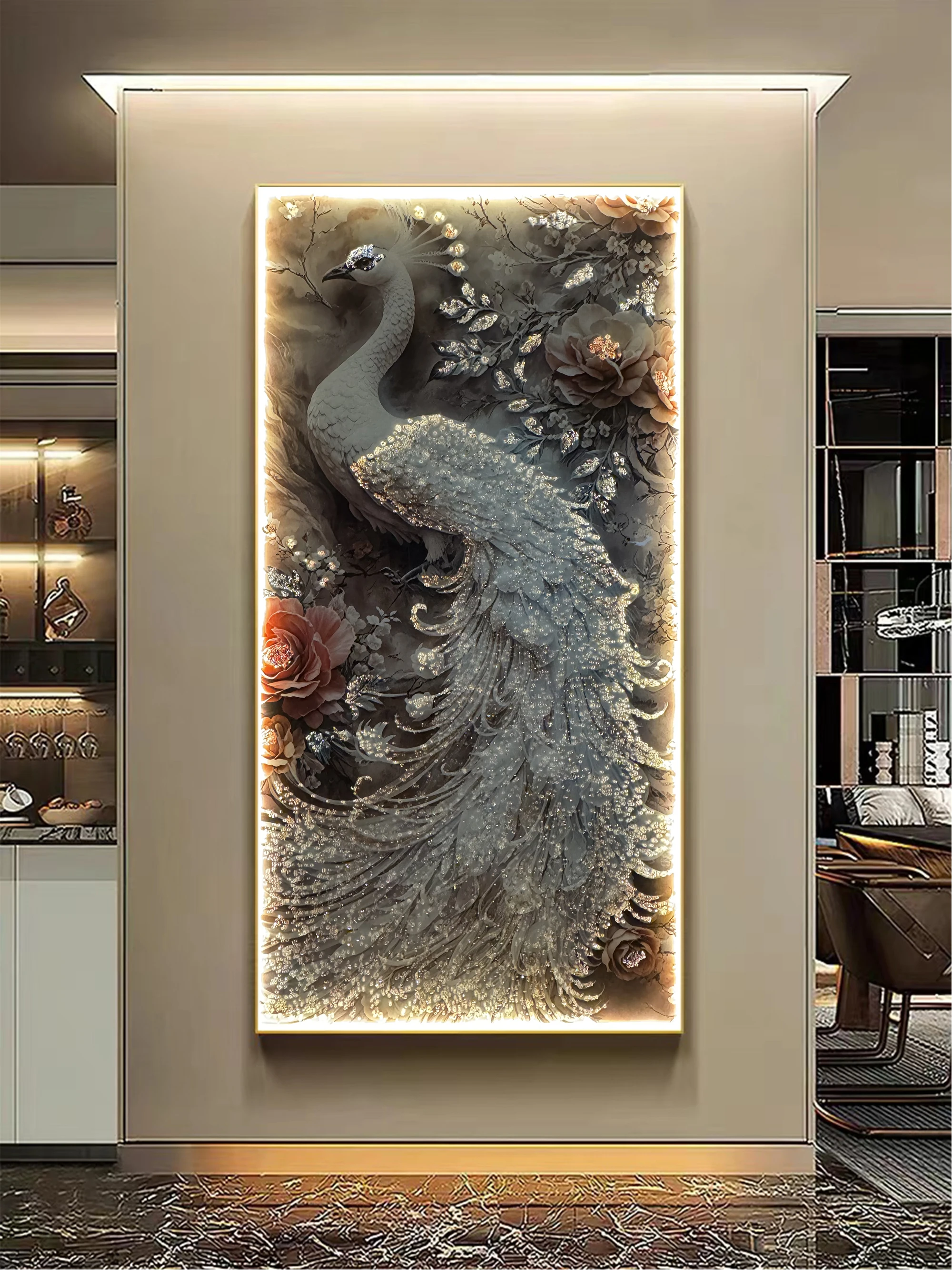 Light luxury high-end peacock entrance decoration painting, facing the door, hanging painting in the living room, corridor, end
