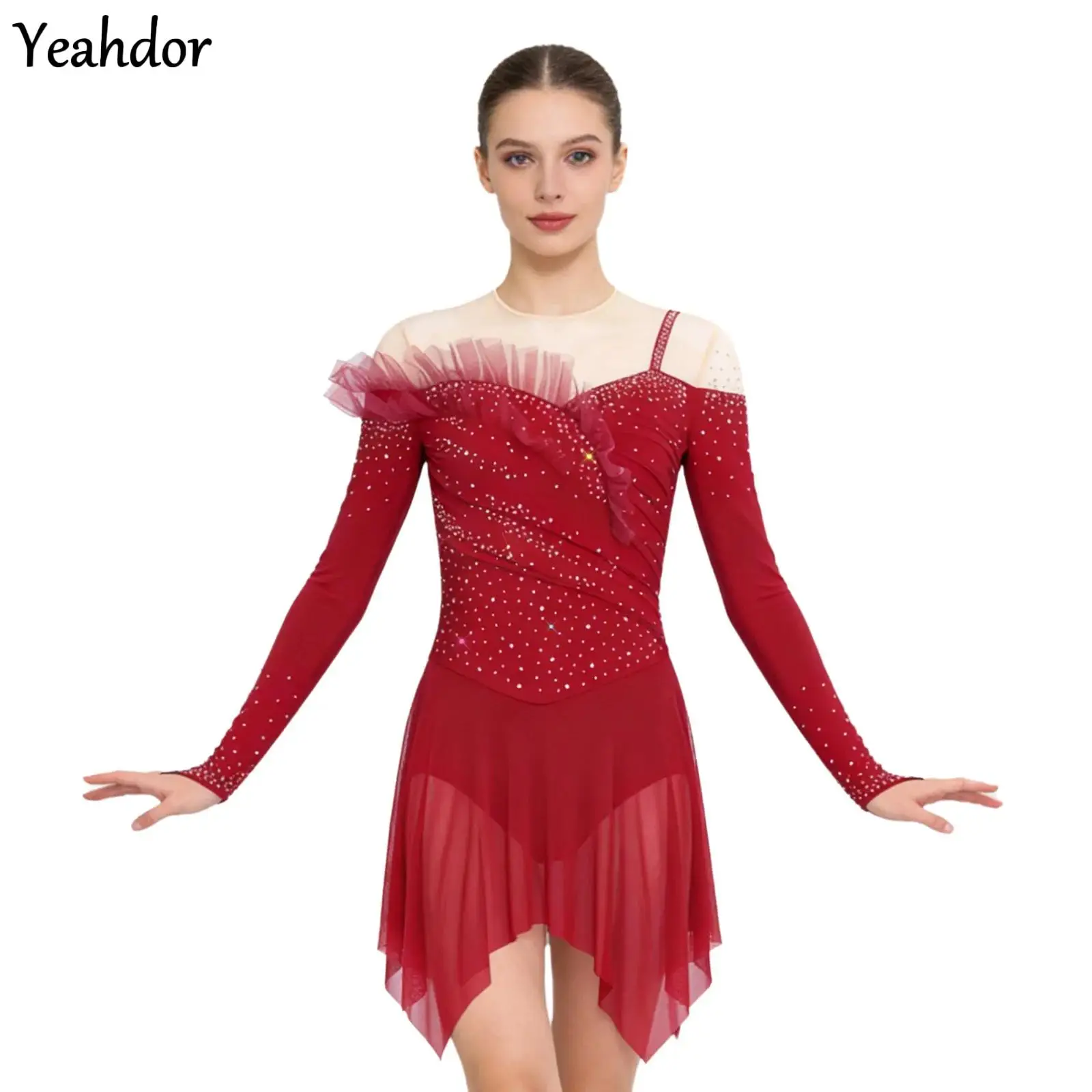 

Womens Figure Skating Bodysuit Dress Rhinestones Ruffled Tulle Long Sleeve Mesh Ballet Tutu Gymnastics Latin Dance Leotard Dress