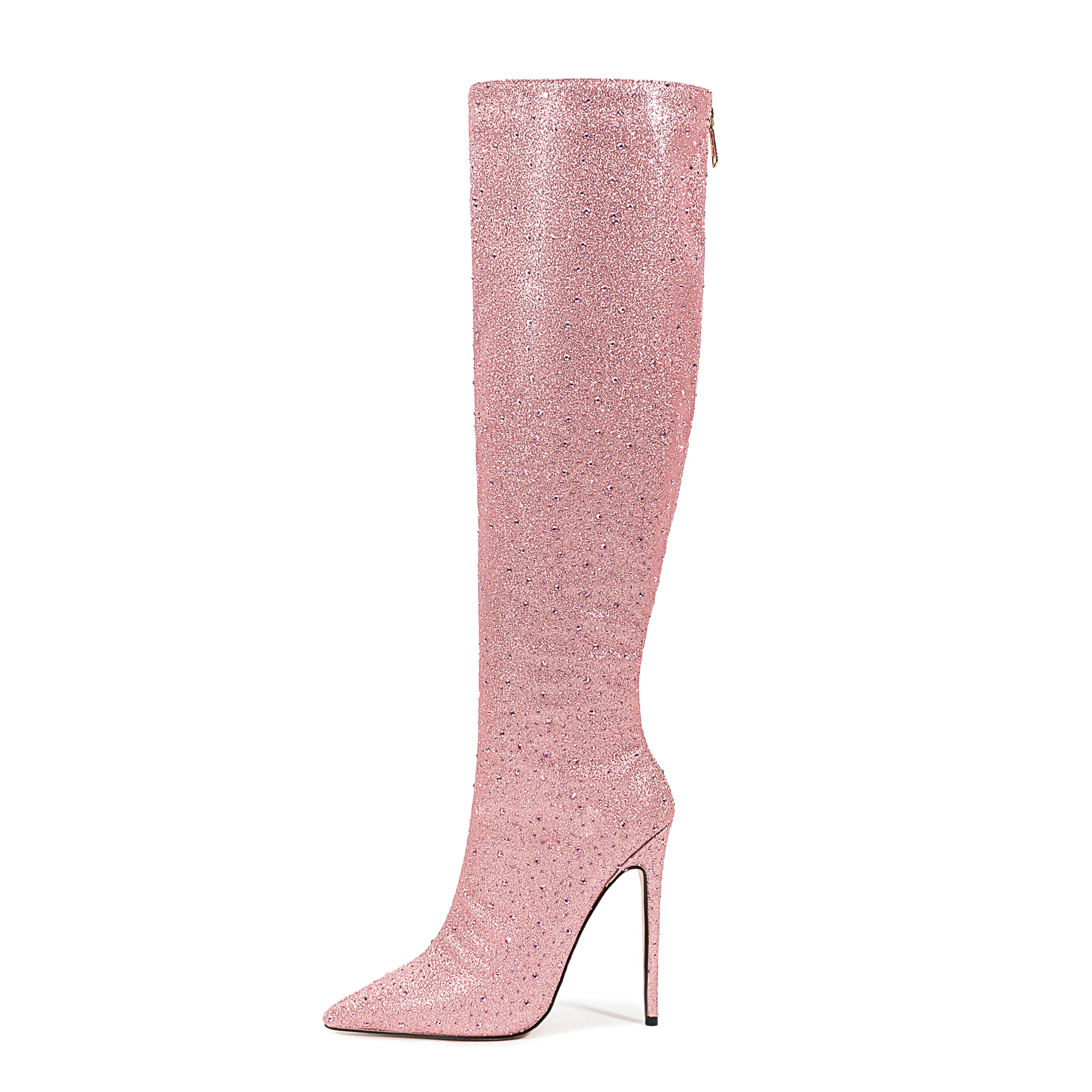 

Arden Furtado Winter pink satin Crystal Knee high boots Pointed toe Super high heel Back zipper Modern boots Skinny boots