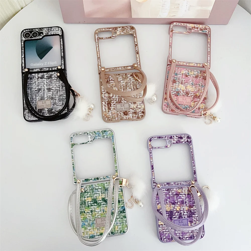 Casing ponsel pola tenun warna-warni untuk Samsung Galaxy Z Flip 4 5 6 5G PC cangkang keras tali genggam penutup belakang pelindung