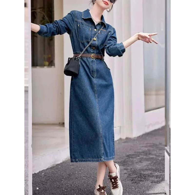 

XT82024 Autumn Winter Casual Women Lapel Single Breasted Denim Vintage Lady Empire Slim A-line Midi Dress with BeltXT6@!