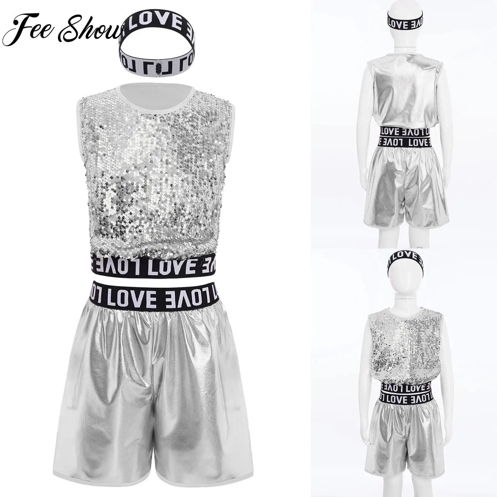 

3 Pcs Kids Boys Hip-Hop Jazz Dance Costume Child Sleeveless Sequins Vest with Metallic Shorts And Hairband Street Dancewear Set