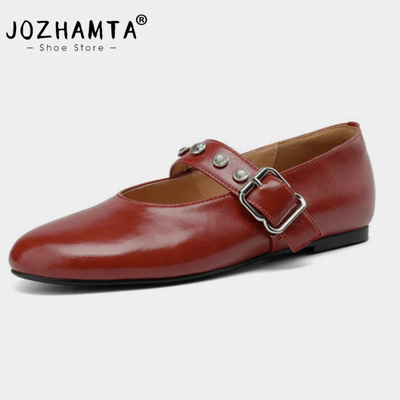 

JOZHAMTA Size 34-39 Women Real Leather Flats Shoes Buckle Strap Chunky Low Heels Crystals Ballet Pumps Shoes Luxury Party Dress