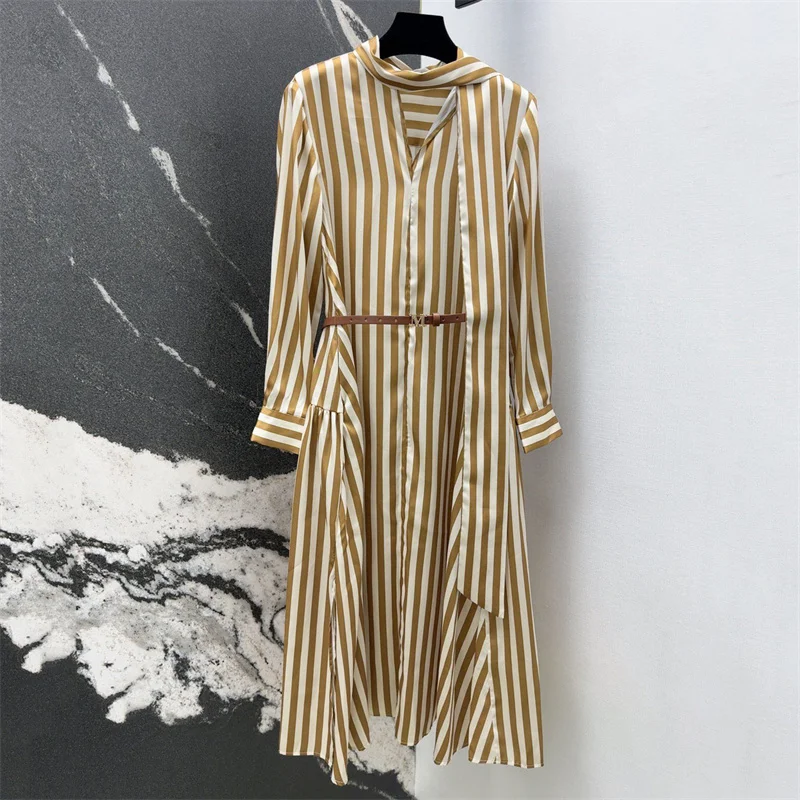 elegant party dresses woman 2024 autumn new fashion striped slim fit long dresses shawl collar vacation Midi dresses Gift belt