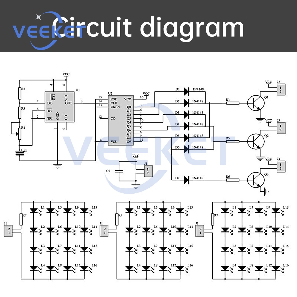 CD4017+NE555 Red White and Blue LED Water Flow Light Kit DIY Learning Electronic Parts TJ-56-715