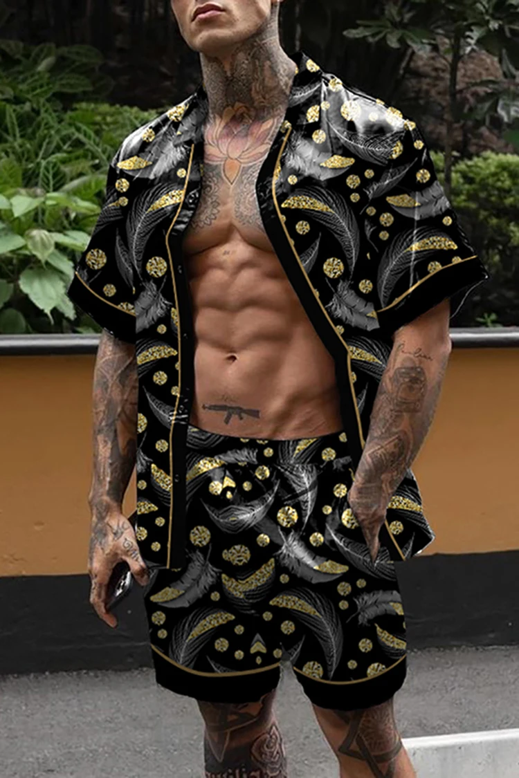 Set Cetak Fashion Pria Baru, Set Cetak Lengan Pendek Pria Hawaii, Kemeja Bunga Kasual Musim Panas dengan Gesper Setelan Dua Potong 2025