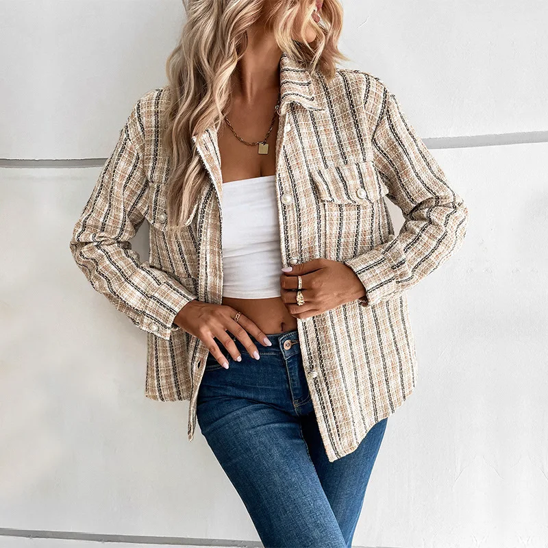 Vintage Plaid Jackets Women Clothes Autumn Winter Coat Long Sleeve Turn Down Collar Button Jacket Ladies Casual Outwear Coats