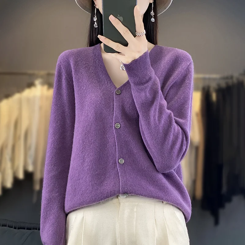 LDZWSM New Fashion Spring Autumn Merino Wool Women's V-neck Cardigan Sweater 2024 Female Knitwear Clothing Korean Tops