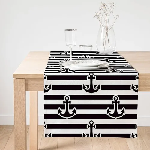 Realhomes On A White Background Black Striped Anchor Patterned Digital Printed Custom Design Suede Runner