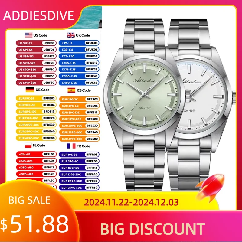 ADDIESDIVE 36mm Luxury VH31 Quartz Watch Bubble Mirror Glass Stainless Steel Luminous Mens Watches Waterproof AD2066 Wristwatch