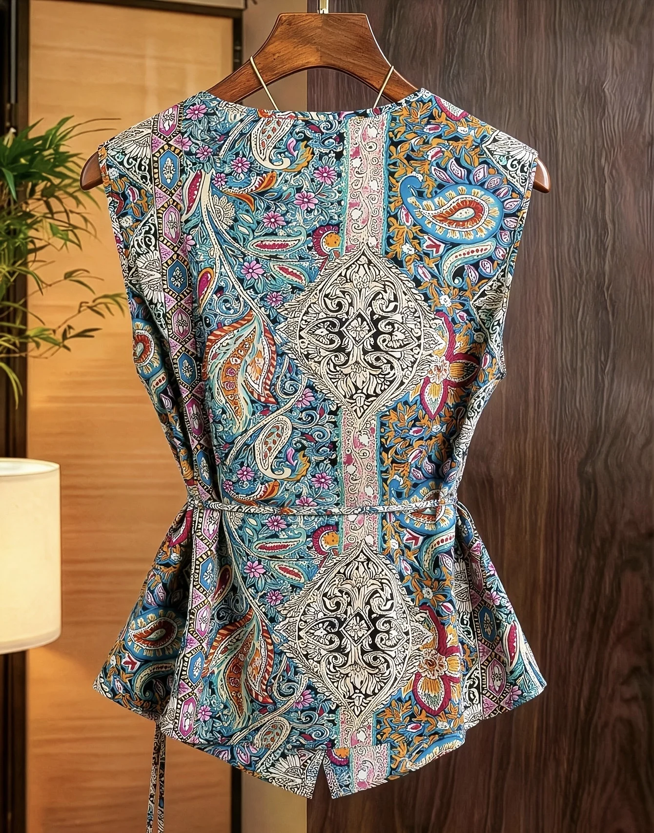 Women Bohemian Printed Sleeveless Blouse V Neck Wrap Tie Side Tank Top Irregular Hem Summer Holiday Casual Vest Tops