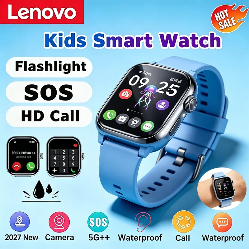 Lenovo 2026 New Kids 5G Smart Watch SOS GPS Tracker Sim Card Call Camera Waterproof Child Watch Gift for iOS Android Phones