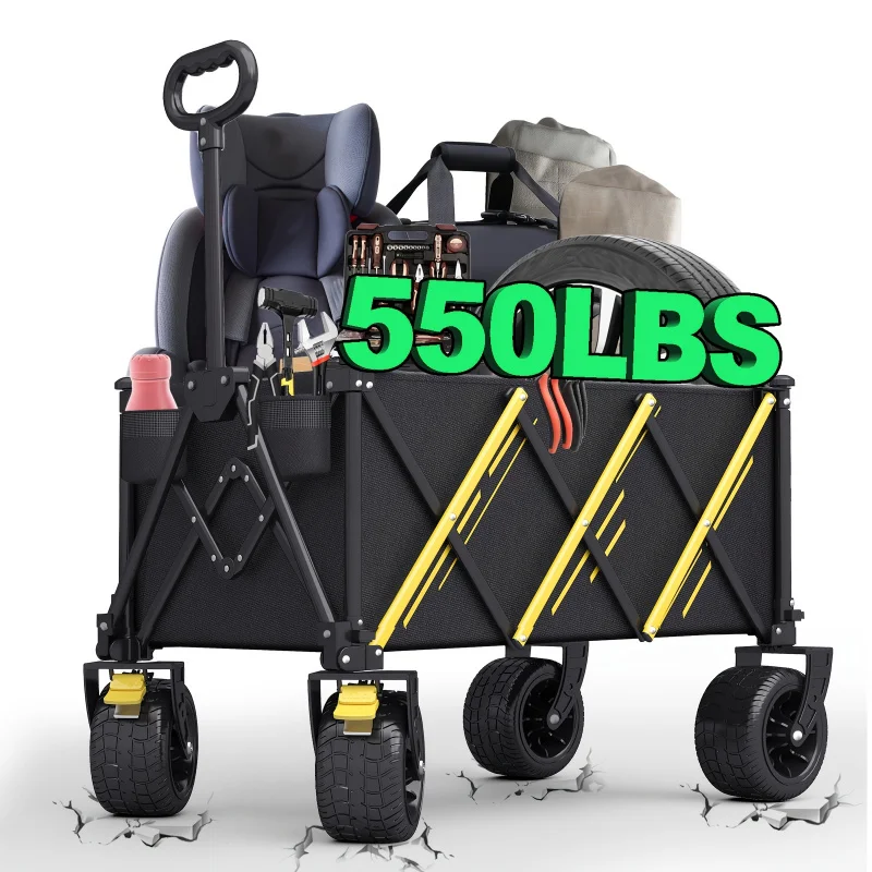 Versatile Folding Cart - 550 lbs Capacity, Heavy Duty with All-Terrain Wheels for Beach, Lawn, Sports and Camping - Black