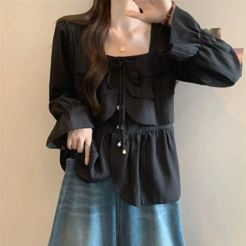 Spring Autumn Square Collar Shirts Drawstring Female Clothing Elegant Square Collar Fashion Irregular Ruffles Spliced Blouse New