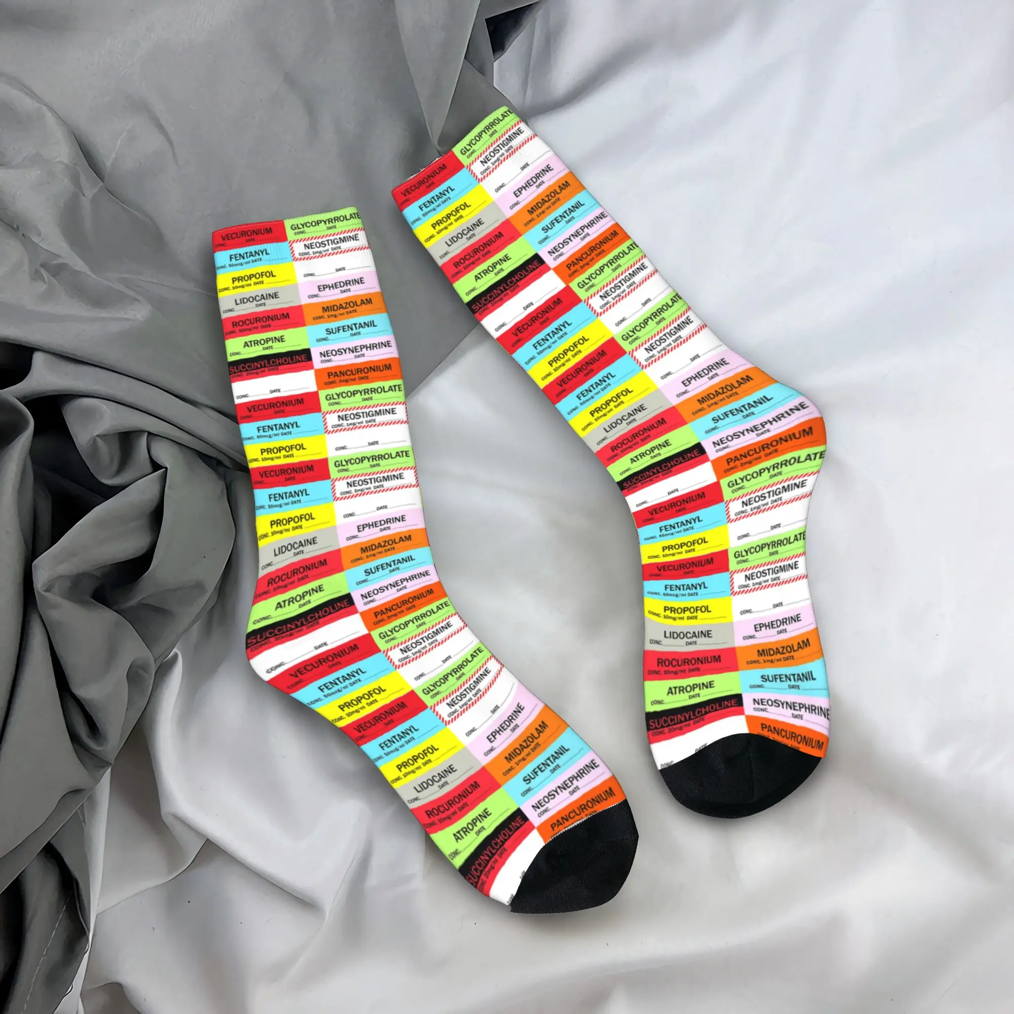 

Custom Novelty Printed Medical Nurse Anesthesia Medication Labels Socks for Men Women Stretch Summer Autumn Winter Crew Socks