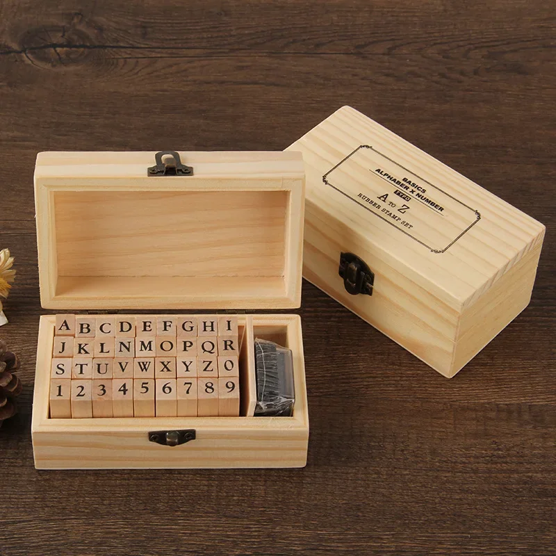 36-teiliges Set Handgefertigte Holz-Selbstfärbende Zahlen- und Buchstabenstempel Rechteckige Alphabet-Siegel für Schule, Schreibwaren, Kinder-Tagebücher und Dekoration