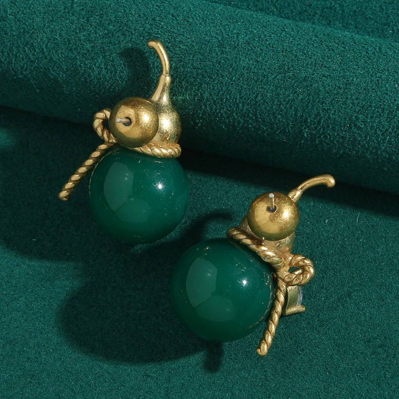 

Vintage Green Agate Gourd Earrings Woman Gold Color Elegant Luxury Quality Jewelry Designer Daily Special Chinese Style 2025