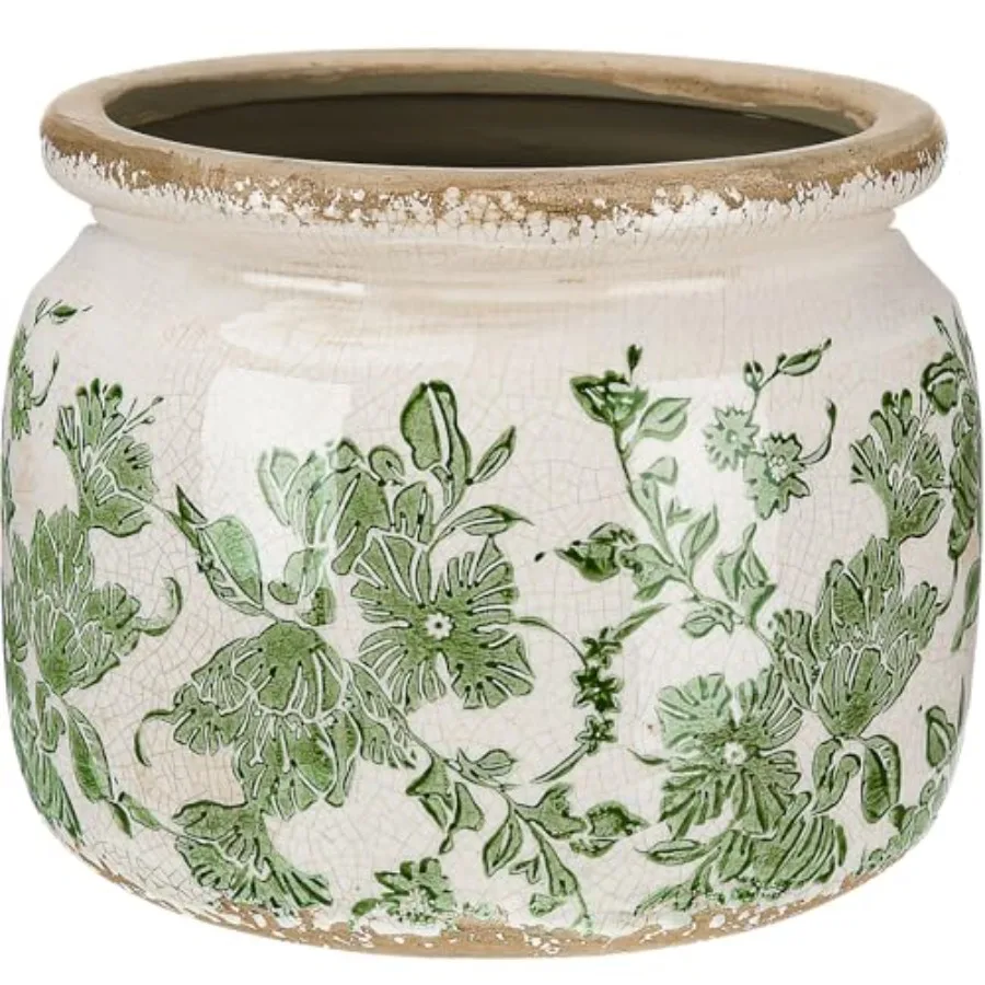

7.7" Ceramic Plant Pot Beige Green Crackle Glaze Rustic Flowers Pot Decorative Planter with Drainage for Indoor Outdoor Plants