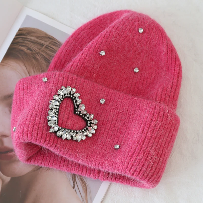 Luxury Shiny Love Diamond Knitted Hats Angora Rabbit Fur Winter Hat Women Fluffy Warm Beanies Designer Plush Thick Skullies Caps