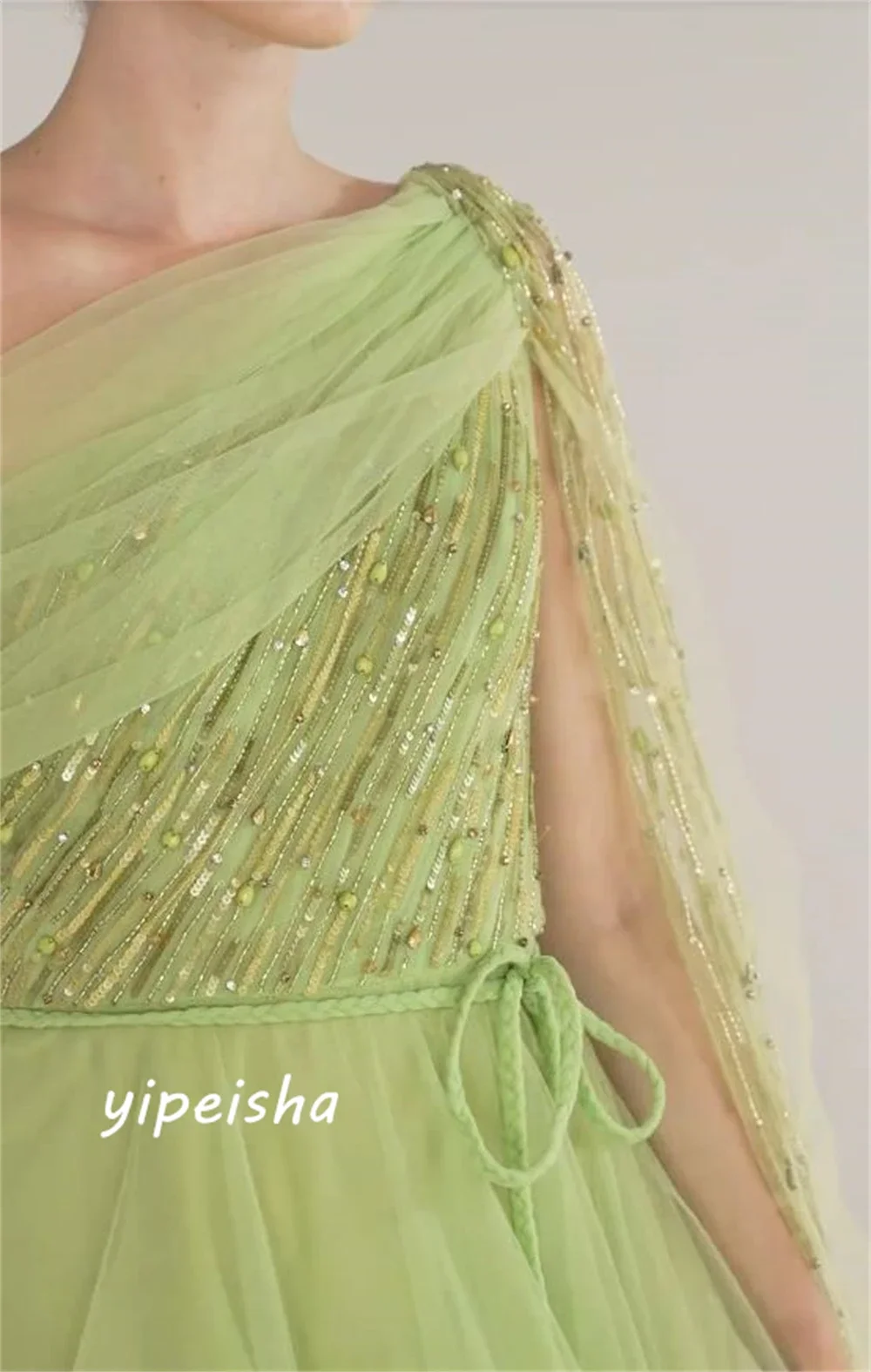 Yipeisha Sparkle elegante vestido de fiesta de un solo hombro rebordear lentejuelas/vestidos de noche de organza drapeados con lentejuelas