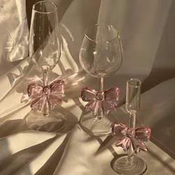 Light luxury Pink Large Bow Glass Cup Heat-resistant Glasses Goblet Champagne Bow Handle Glass High BorosilicateCold Drink Cup