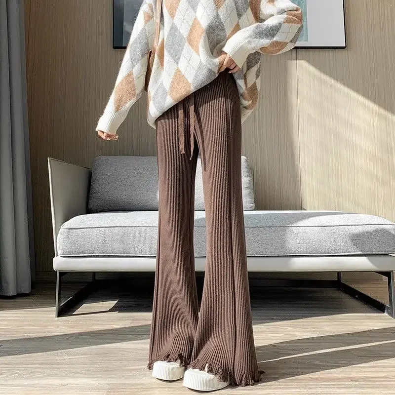 

Повседневные слегка перетаскивающие напольные длинные расклешенные брюки с драпировкой, струящиеся вязаные брюки-палаццо с кисточками, женские утягивающие брюки с высокой талией
