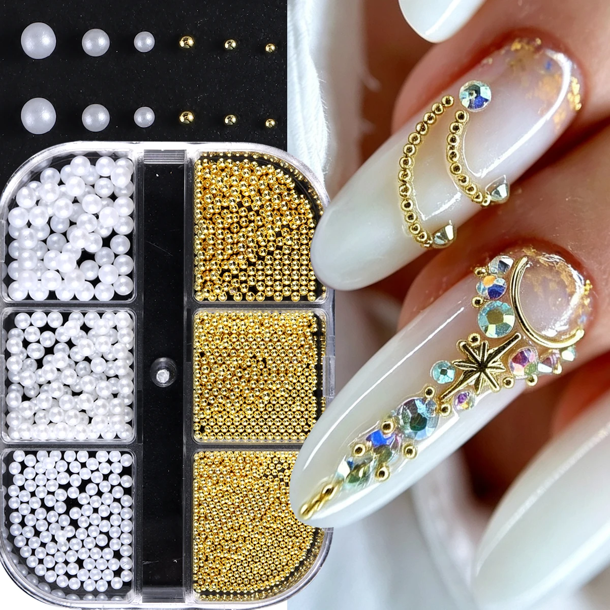 Nail Art Pearl Gold Bead Decoration Multi-Size White Pearls Mini Metal Gold Round Stud Wedding Elegant Manicure 3D DIY Nail Desi